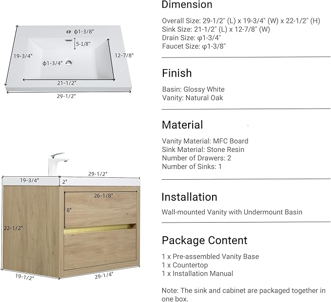 Modern 30" Wall-Mounted Bathroom Vanity with Sink | Floating Storage Cabinet, Stone Resin Countertop, Soft Close Drawers | Natural Oak