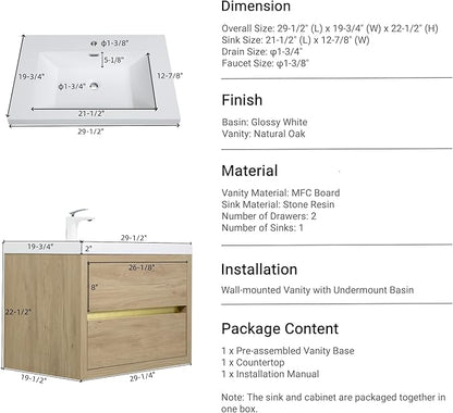 Modern 30" Wall-Mounted Bathroom Vanity with Sink | Floating Storage Cabinet, Stone Resin Countertop, Soft Close Drawers | Natural Oak