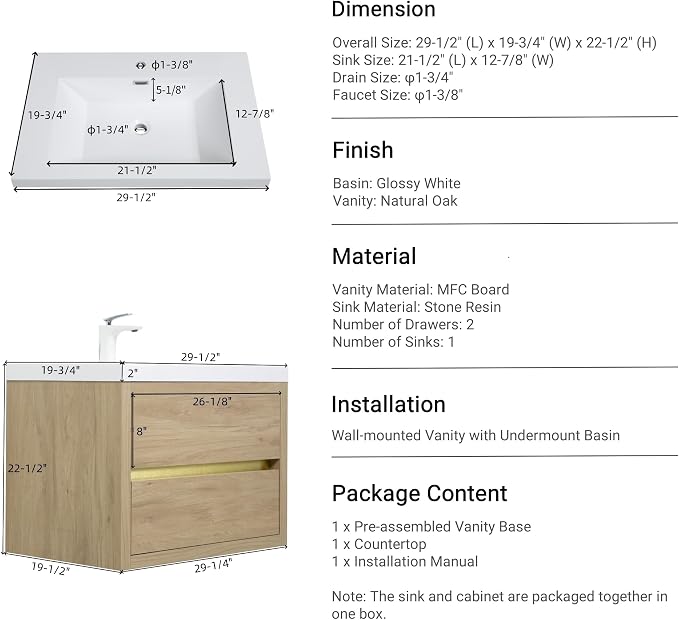 30" Floating Bathroom Vanity with Sink, Wall-Mounted Bathroom Storage Vanity Cabinet with Resin Top Basin and Soft Close Drawers, Fully Assembled, Natural Oak