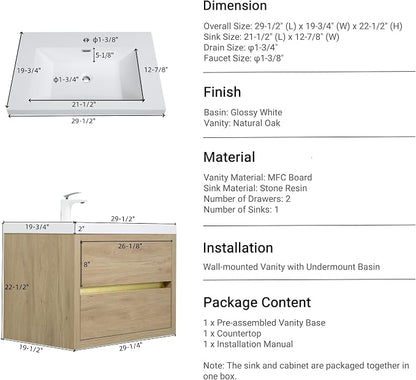 30" Floating Bathroom Vanity with Sink, Wall-Mounted Bathroom Storage Vanity Cabinet with Resin Top Basin and Soft Close Drawers, Fully Assembled, Natural Oak