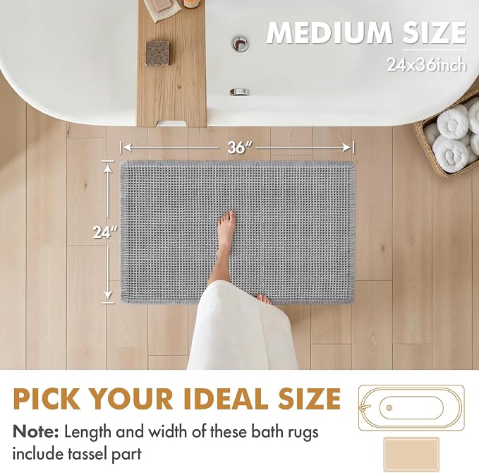 MIULEE Set of 2 Waffle Bathroom Rugs Boho Bath Mat Light Grey 24x36 Inch | Non Slip, Super Absorbent, Washable, Ultra Soft, Rubber Backed, Large Bath Rugs for Bathroom Floor Tub Shower