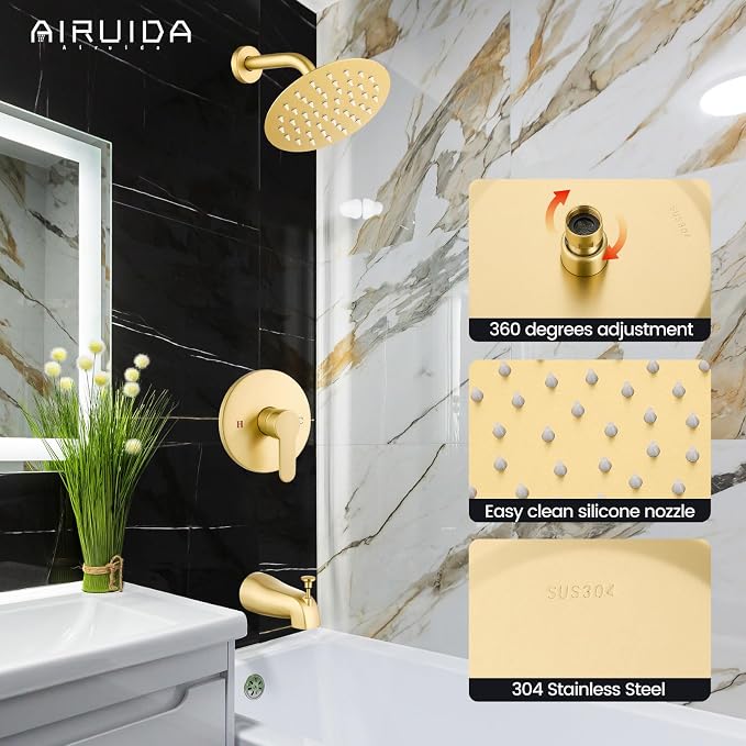 Airuida Shower Faucet Set with Tub Spout,6" Bathtub Faucet-Brushed Gold | Male Threads Rough-In Valve,Round Head Shower System,Tub and Shower Kit Set