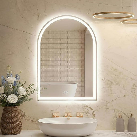 DUMOS 28"×36" LED Bathroom Mirror with Lights, Arched Vanity Mirror with Anti-Fog, Dimmable, 3-Color Light, Memory Function, Tempered Glass