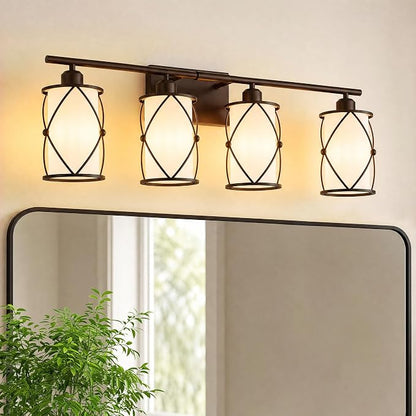 4-Light Oil Rubbed Bronze Bathroom Light Fixtures Over Mirror, 29" UL-Listed Modern Farmhouse Wall Sconce Lights with Milk White Frosted Glass and Metal Cage for Bath, E26, CH9176ORBW-4W