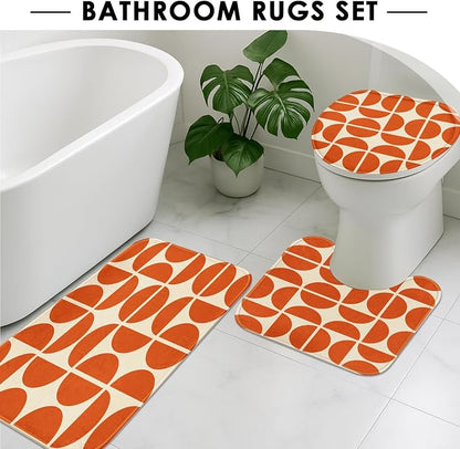 Bathroom Sets with Shower Curtain and Rugs, 4 Pcs, Minimalist Boho | Abstract Vintage Geometric Bathroom Decor Set with Toilet Lid Cover, Non-Slip Bath Mats and Accessories 12 Hooks