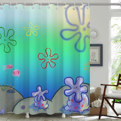 Cute Anime Cartoon Green Ocean Beach Kids Shower Curtain Set 72x78 Inches | Cute Anime Cartoon Green Ocean Beach Print, Gradient Underwater Housewarming Sea Lover Guest Kids Bathroom Decor, With Hooks