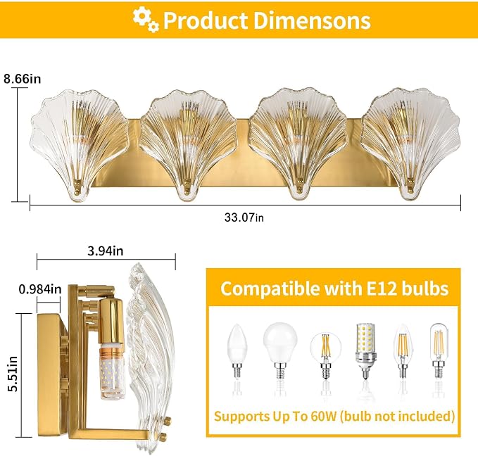 Bathroom Light Fixtures, 4-Lights Vanity Lights Over Mirror, Modern Bathroom Wall Light with Clear Shell Shaped Glass Shades, Gold Crystal Wall Light for Bedroom Living Room Hallway Kitchen