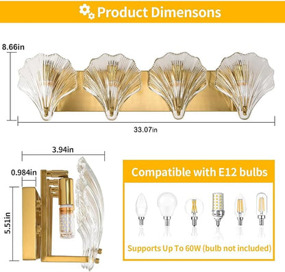 Bathroom Light Fixtures, 4-Lights Vanity Lights Over Mirror, Modern Bathroom Wall Light with Clear Shell Shaped Glass Shades, Gold Crystal Wall Light for Bedroom Living Room Hallway Kitchen
