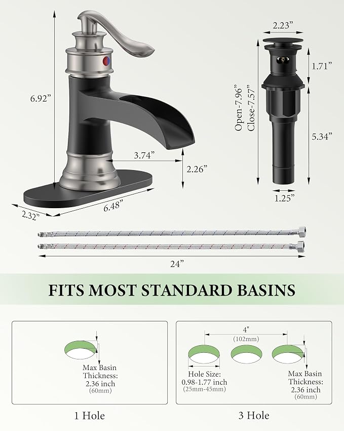 Bathroom Sink Faucet Waterfall Single Handle Matte Black and Brushed Nickel | Lavatory Vanity Basin Mixer Tap One Hole Lever Deck Mount Commercial Supply Line by Homevacious