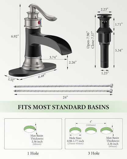 Bathroom Sink Faucet Waterfall Single Handle Matte Black and Brushed Nickel | Lavatory Vanity Basin Mixer Tap One Hole Lever Deck Mount Commercial Supply Line by Homevacious