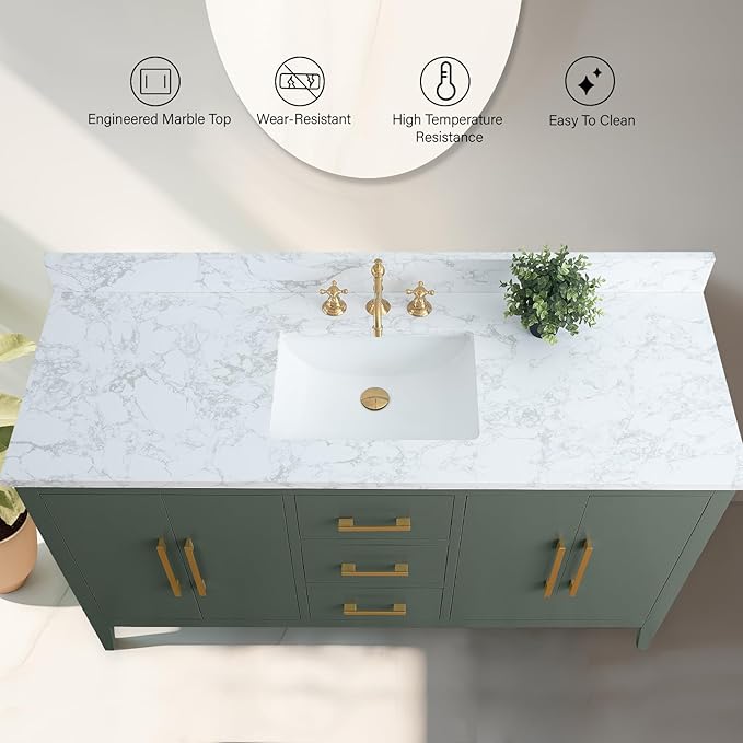Vanity Art 60 inch Bathroom Vanity with Single Sink & Ceramic Top, Vanity Cabinet with Soft-Closing Doors, Drawers, Solid Wood Frame, Vintage Green, VA9060-SVG-GB1