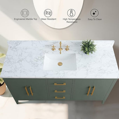 Vanity Art 60 inch Bathroom Vanity with Single Sink & Ceramic Top, Vanity Cabinet with Soft-Closing Doors, Drawers, Solid Wood Frame, Vintage Green, VA9060-SVG-GB1