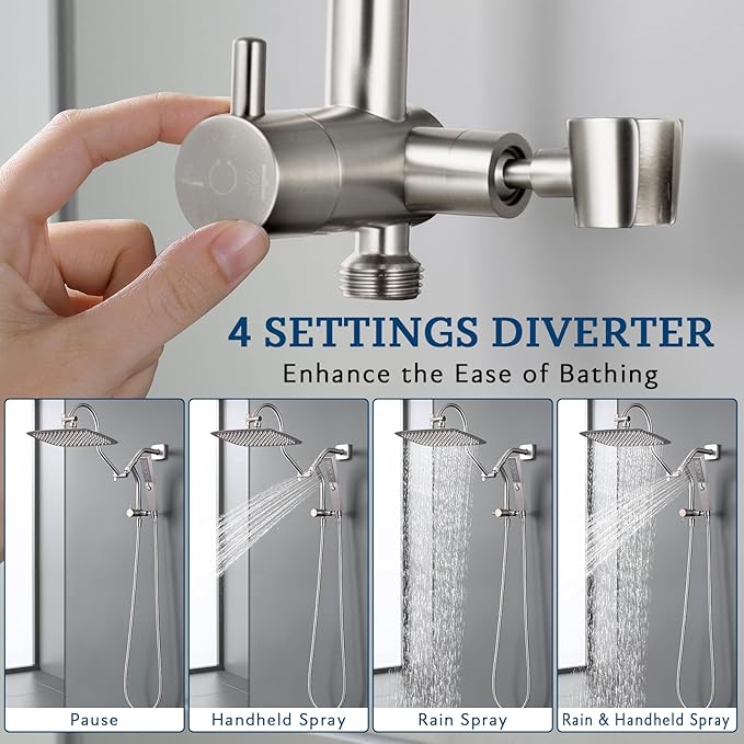G-Promise Metal Shower Diverter with Low Handheld Holder (Brushed Nickel) | 6 Inch Downward-Extend Bracket for All Heights, 4 Spray Modes with Pause Mode, Anti-Leak, Easy Install, Universal Replacement