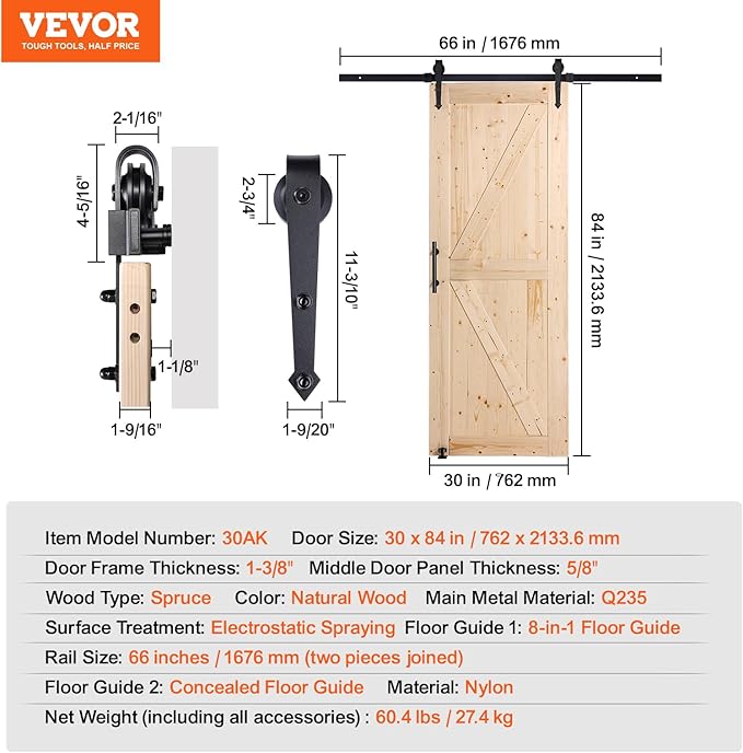 VEVOR 30in x 84in Sliding Barn Door with 5ft Barn Door Hardware Kit Included & Handle, Water-Proof Solid Wood, Easy Assembly, for Interior Rooms & Storage Closet, K-Frame, DIY, Stainable, Natural