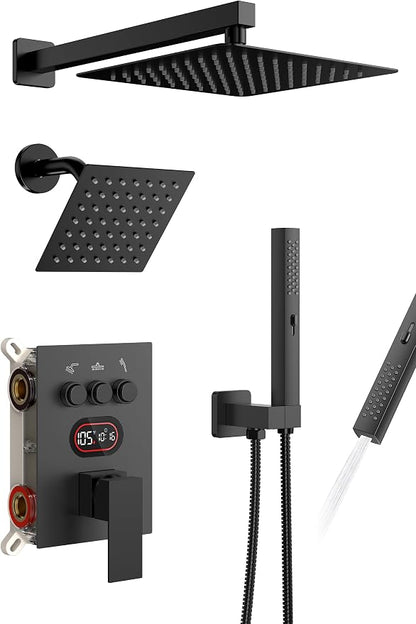 Longriver 3-Push Button Shower Faucet Set Hydro Power Temperature Display | Shower System Wall Mounted 10" & 6" Shower Head with 3-Spary Handheld, Shower Fixtures with Valve and Trim Kit, Matte Black