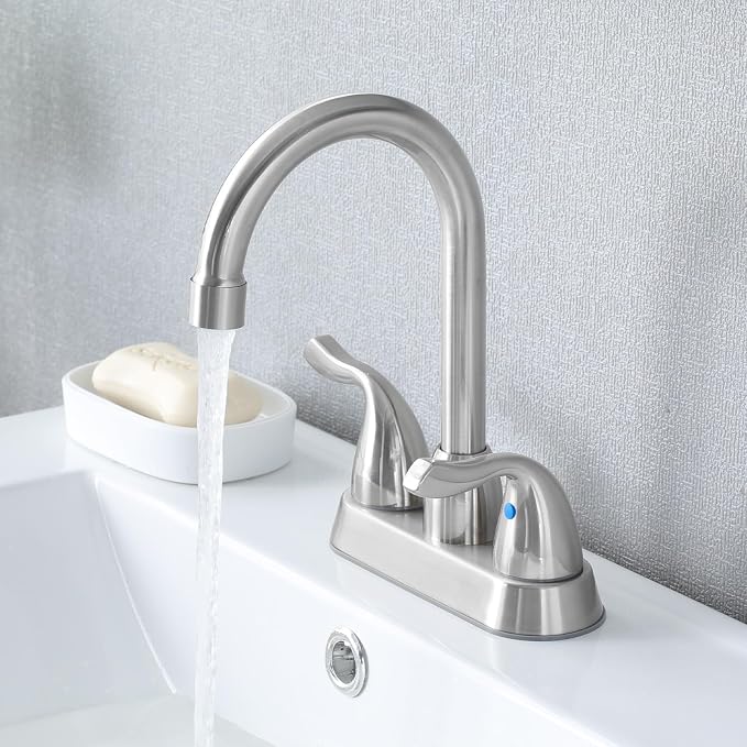 Brushed Nickel Bathroom Sink Faucet, 2 Handle 4 Inch Centerset Bathroom Faucet, 3 Hole Small Bathroom Sink Faucet with Supply Lines and Pop-up Drain, RV faucets for Camper Lavatory Vanity