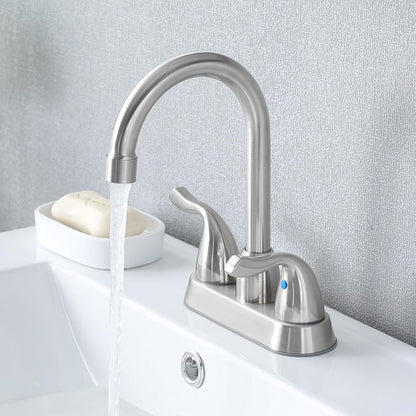Brushed Nickel Bathroom Sink Faucet, 2 Handle 4 Inch Centerset Bathroom Faucet, 3 Hole Small Bathroom Sink Faucet with Supply Lines and Pop-up Drain, RV faucets for Camper Lavatory Vanity