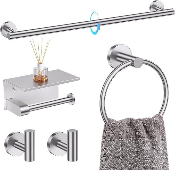 TQKAG 5 Piece Towel Bar Set, 23.6 Inch Brushed Nickel Bathroom Accessories | SUS304 Stainless Steel, Brushed Nickel Toilet Paper Holder with Shelf, Towel Racks for Bathroom Wall Mounted, Towel Bars