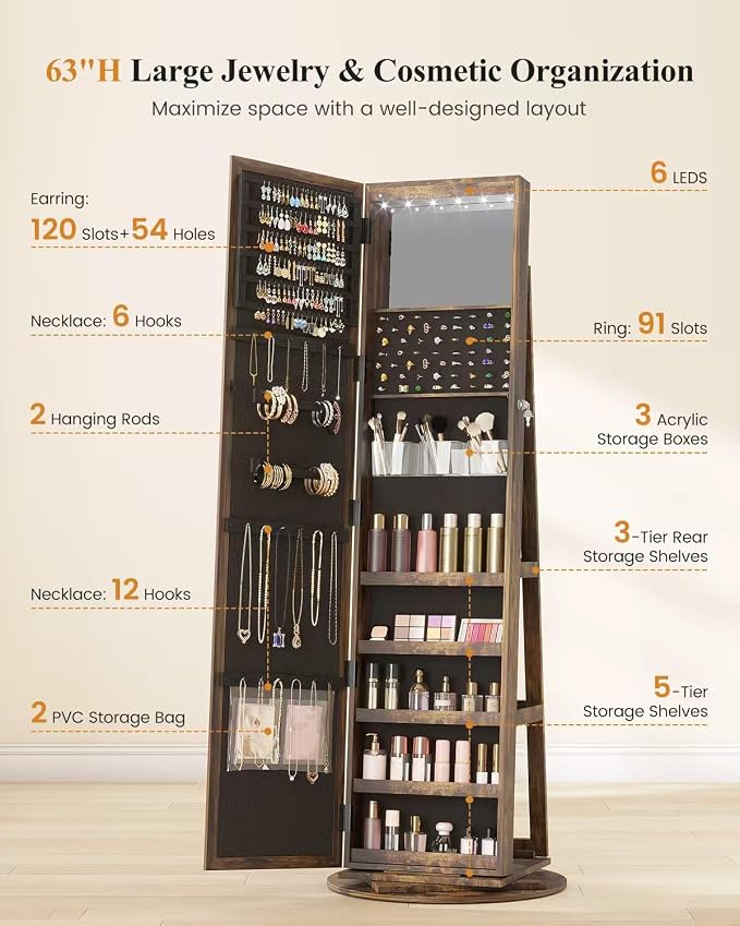 LVSOMT LED Jewelry Cabinet Standing, 360° Swivel Jewelry Armoire, Brown | Full Length Mirror with Storage, 3 Rear Shelves, Internal Mirror, 3 Color Lights, Lockable for Bedroom, Women Girls Gift