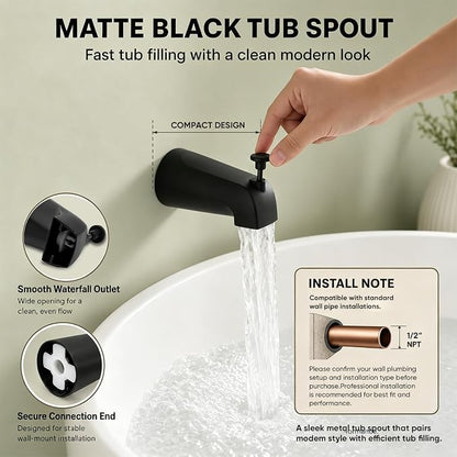 Tub Shower Faucet Set Valve Included with 6-Inch filter Rain Shower Head and Tub Spout Single-Handle Tub and Shower Trim Kit Matte Black
