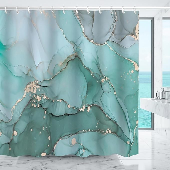 Teal Marble Shower Curtain Turquoise Aqua Modern Luxury Abstract Ink Art Bathroom Decor Waterproof Fabric Bath Curtain 72 x 72 Inch with 12 Hooks