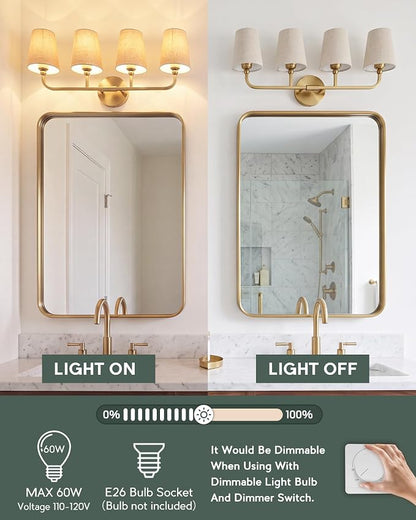 4-Light Brushed Gold Bathroom Vanity Light, Brown Linen Fabric Shade | 28 Inch gold bathroom light fixture over mirror, UL listed, E26 bulbs, hardwired, upward only, VL837-BG-L-4