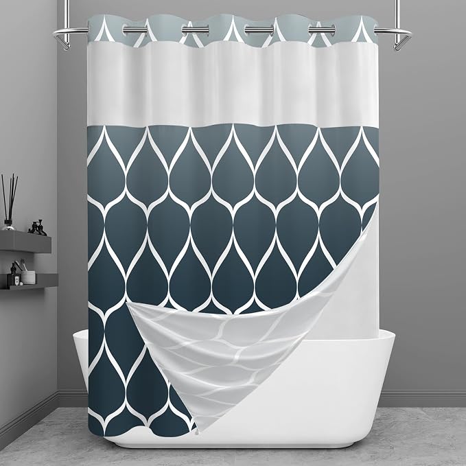 Gelbchu Ombre Aegean Blue No Hook Shower Curtain with Snap-in Liner, 71 x 74