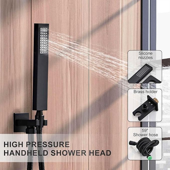 SaniteModar Shower Faucet Set 10 Inch, Matte Black Shower System | Rainfall Shower Head with Handheld Combo Spray, High Pressure Shower Combo Set Included Brass Valve and Trim kit