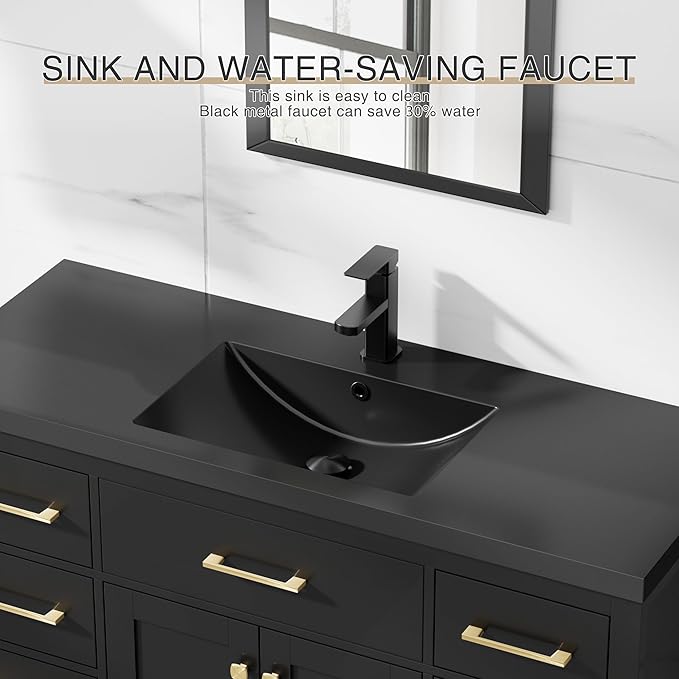 LUCKWIND 48" Modern Bathroom Vanity and Black Sink, Painted Bathroom Storage Cabinet with Single Resin Sink, Two Doors and Four Drawers, Include Faucet Without Mirror, Black