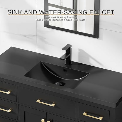 LUCKWIND 48" Modern Bathroom Vanity and Black Sink, Painted Bathroom Storage Cabinet with Single Resin Sink, Two Doors and Four Drawers, Include Faucet Without Mirror, Black