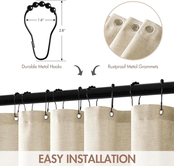 MIULEE Natural Scalloped Linen Shower Curtain 72W x 72L | 12 metal hooks, Linen scalloped, waterproof washable, thick heavy cloth, black border, boho farmhouse, bathroom hotel use