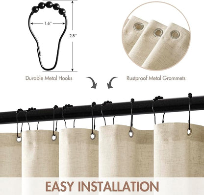 MIULEE Natural Scalloped Linen Shower Curtain 72W x 72L | 12 metal hooks, Linen scalloped, waterproof washable, thick heavy cloth, black border, boho farmhouse, bathroom hotel use