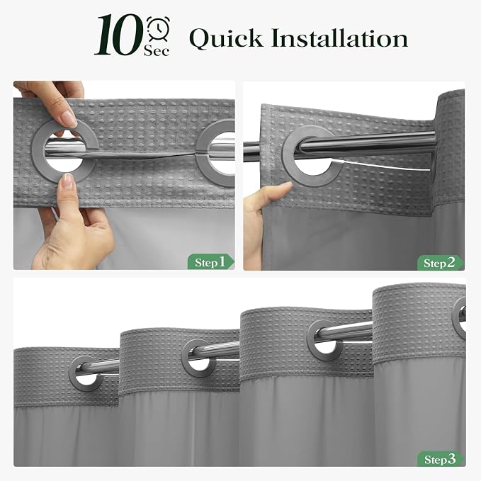 Grey Hook Free Waffle Shower Curtain & Snap-in Fabric Liner,72x75 | Less Time to install, 3 in 1 Fabric Shower Curtain and Liner Set with Magnets, Mesh Top Window, Shower Curtains for Bathroom