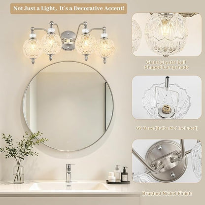 4-Light Brushed Nickel Bathroom Vanity Light, Modern Brushed Nickel Finish Wall Sconce with Globe Glass Shades, Modern Mirror Light for Bathroom, Powder Room