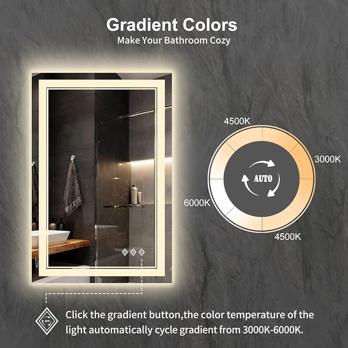 LED Mirror for Bathroom, 24x36 Inch Gradient Front and Backlight LED Bathroom Mirror, 3 Colors Dimmable CRI>90 Double Lights, Enhanced Anti-Fog, Hanging Plates Wall Mount Lighted Mirror