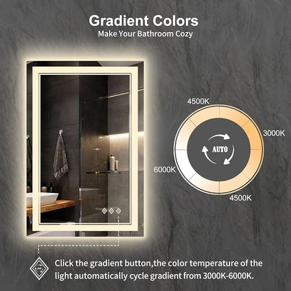 LED Mirror for Bathroom, 24x36 Inch Gradient Front and Backlight LED Bathroom Mirror, 3 Colors Dimmable CRI>90 Double Lights, Enhanced Anti-Fog, Hanging Plates Wall Mount Lighted Mirror