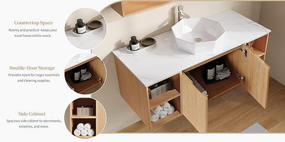 48" Floating Bathroom Vanity with Sink, Modern Vanity Cabinet with Sintered Stone Countertop, Wall Mount Bathroom Sink with Storage, Ceramic Basin, Light Wood (Polygon)