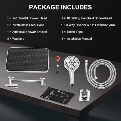 Rainfall Shower Head with Handheld, 14 Inch Rain Shower Head Combo,High Pressure Fixed Showerhead and 10 Spray Settings Handheld Shower Heads,Bathroom Accessories,Chrome