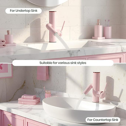 Bathroom Sink Faucet, Cactus-Shaped, Single Hole with Water-Powered 3Colors LED Temperature Display and Adjustable Outlet, 2 Water Flow Modes with Supply Hoses, No Battery, Pink