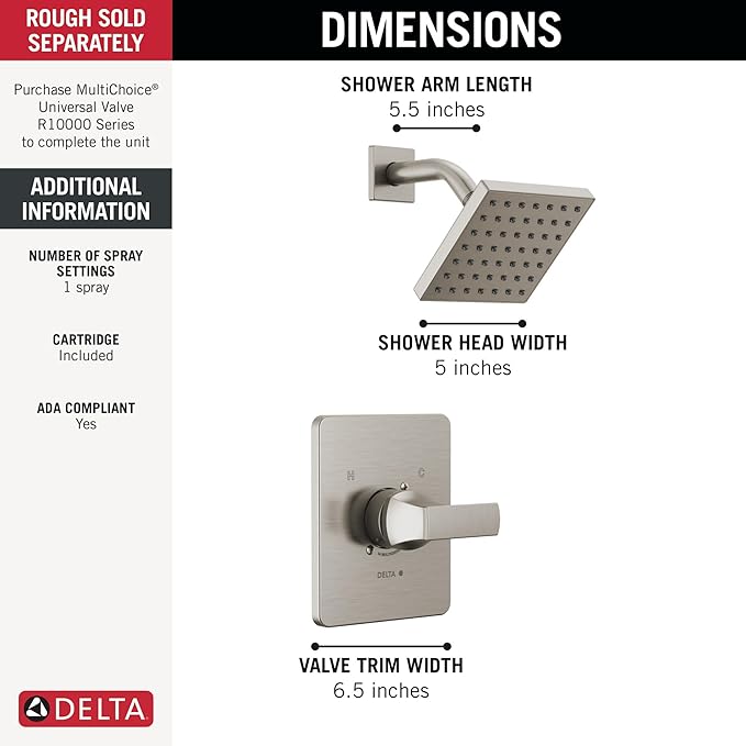 Delta Velum 14 Series Shower Faucet Set, Brushed Nickel Shower Head and Handle Set, Valve Trim Kit, Stainless T14237-SS (Valve Not Included)
