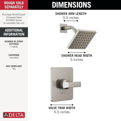 Delta Velum 14 Series Shower Faucet Set, Brushed Nickel Shower Head and Handle Set, Valve Trim Kit, Stainless T14237-SS (Valve Not Included)