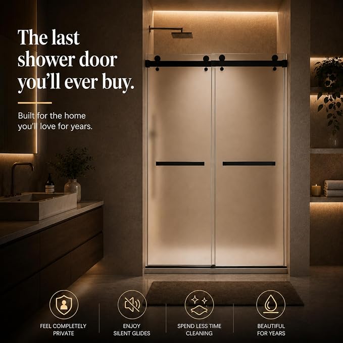 Frameless Shower Door,Frosted Sliding Shower Door, 44-48"W x 76"H-1/4” (6mm) , Frosted Glass Shower Door with 4" Left-Side Adjustment, 304 Stainless Steel Hardware, Nano Easy-Clean Glass, Matte Black