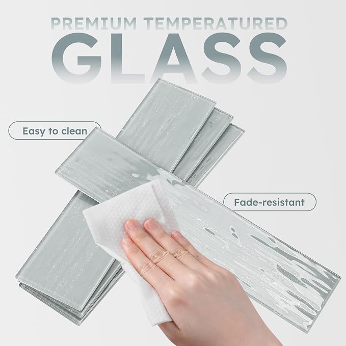 Peel and Stick Glass Subway Tiles, Pearl Gray, 3x12 Inch, 5 Sq.ft | Water Wave Glass Tile for Kitchen Backsplash, Bathroom, Accent Wall