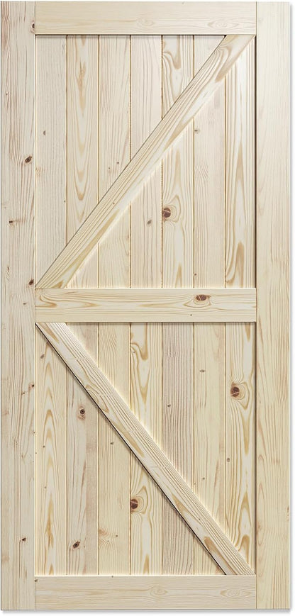 SmartStandard 42in x 84in Sliding Barn Wood Door Pre-Drilled Ready to Assemble, DIY Unfinished Solid Spruce Wood Panelled Slab, Interior Single Door Only, Natural, K-Frame (Fit 7FT - 8FT Rail) | Pre-Drilled Ready to Assemble, DIY Unfinished Solid Spruc...