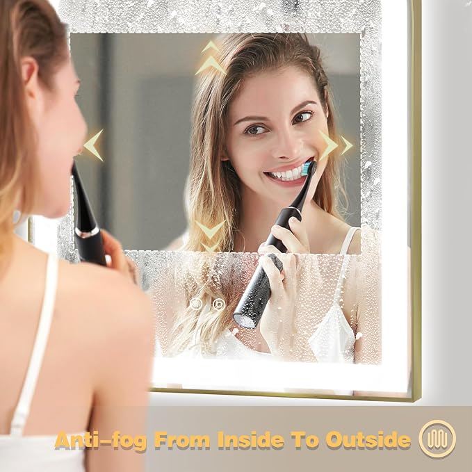 Arched LED Bathroom Mirror, 48"x24" Arch Backlit Vanity Mirror with Lights, Frontlit, Dimmable, 3 Colors, Memory Function, Anti-Fog Smart Mirror, Shiny Gold Frame, Shatterproof, UL Listed