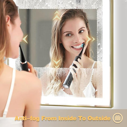 Arched LED Bathroom Mirror, 48"x24" Arch Backlit Vanity Mirror with Lights, Frontlit, Dimmable, 3 Colors, Memory Function, Anti-Fog Smart Mirror, Shiny Gold Frame, Shatterproof, UL Listed