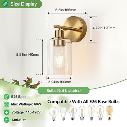 Set of 2 Wall Sconces for Bathroom, Brushed Gold Modern Vanity Lights with Clear Glass Shade,Bathroom Wall Lamp for Mirror Kitchen Living Room Hallway Cabinet Porch