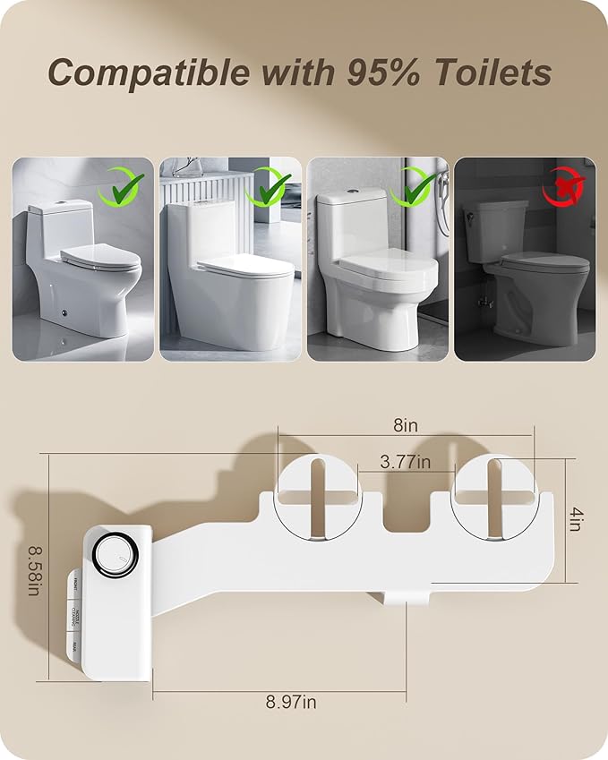 Ultra-Slim Bidet Attachment for Toilet Dual Nozzles Feminine & Rear Wash Bidet Toilet Seat Attachment Non Electric Self Cleaning Adjustable Water Pressure, Rear Wash (KB001)