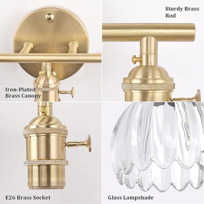 Bathroom Light Fixtures, 3-Light Brass Vanity wall Light Over Mirror with Clear Tulip Glass Shade for Bedroom Living Room (Bulb Not Included)