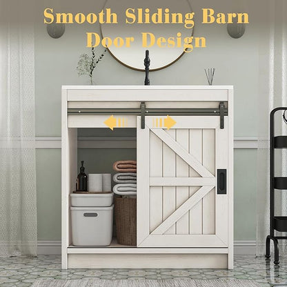 31" Farmhouse Sliding Barn Door Bathroom Vanity with Sink Combo, Bathroom Vanity Cabinet with Drawers & Metal Handles, Freestanding, Distressed White